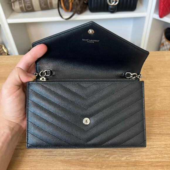 Saint Laurent YSL Grain De Poudre Matelasse Chevron Envelope Chain Wallet Black - Picture 8 of 13